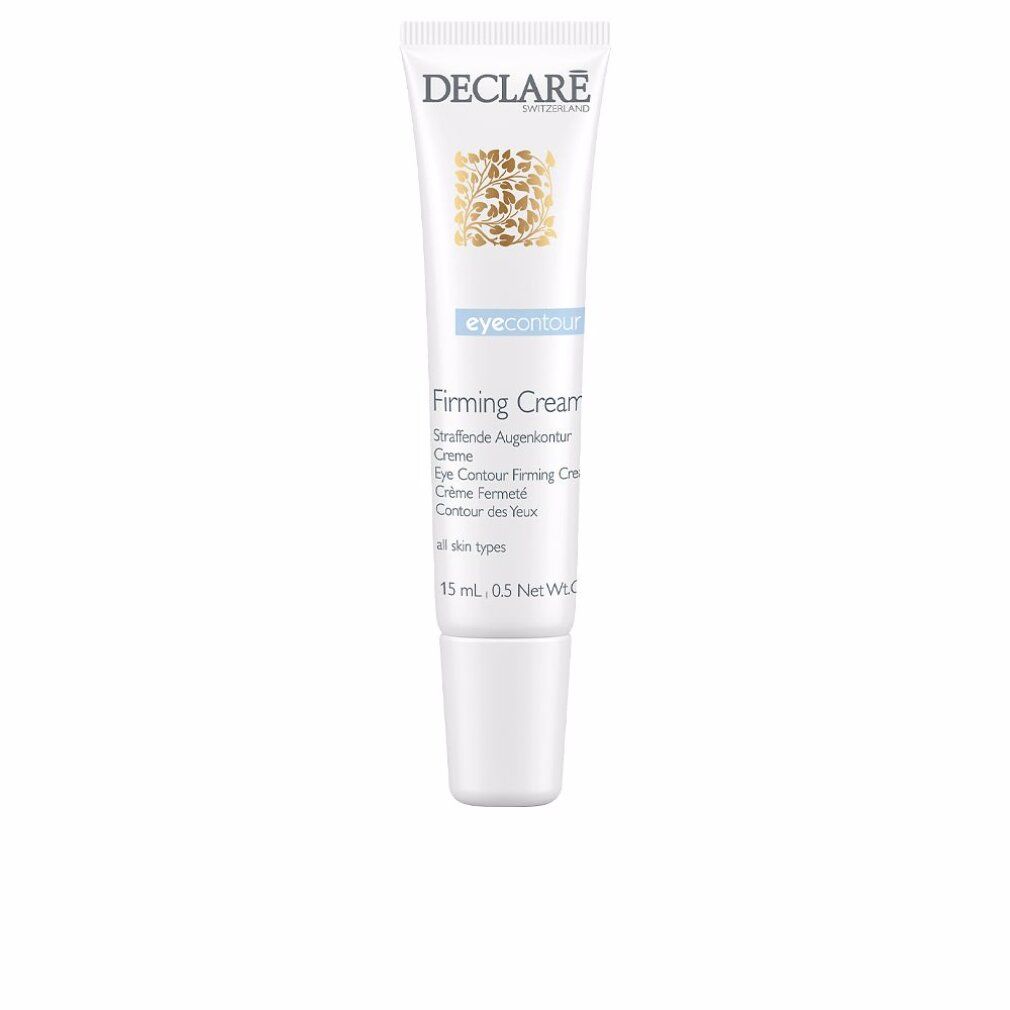 Declare Augenkontur Creme. Weiße Tube mit Schraubverschluss. Goldfarbenes Logo und Schriftzug. Text: Firming Cream, 15 ml.