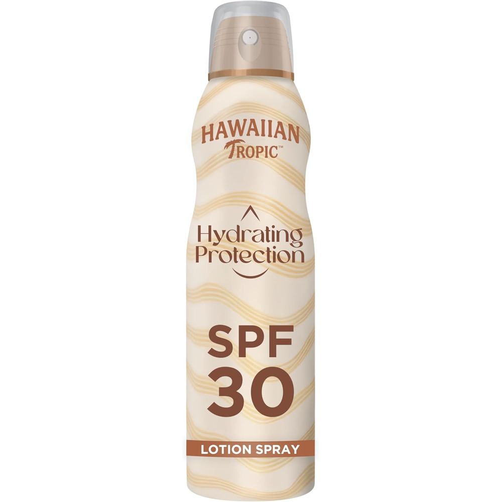 Sonnencreme-Spray von Hawaiian Tropic. LSF 30. Hydrating Protection. Lotion Spray. Beige und braune Farbgebung.