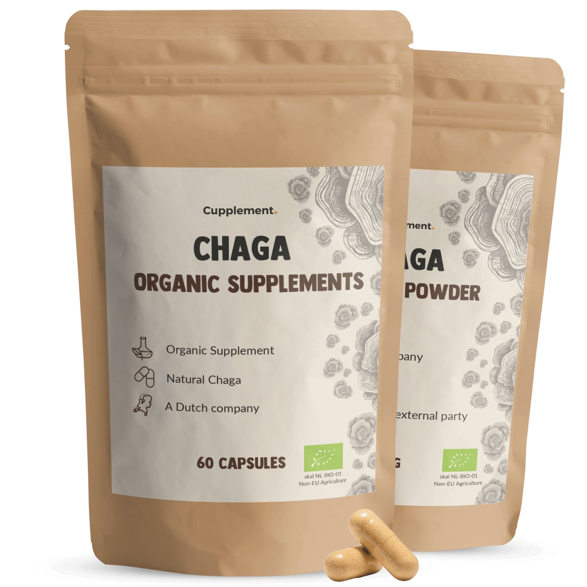 Zwei Beutel Cupplement Chaga Kapseln. Aufschrift: Chaga Organic Supplements, 60 Kapseln. Zwei Kapseln liegen daneben.