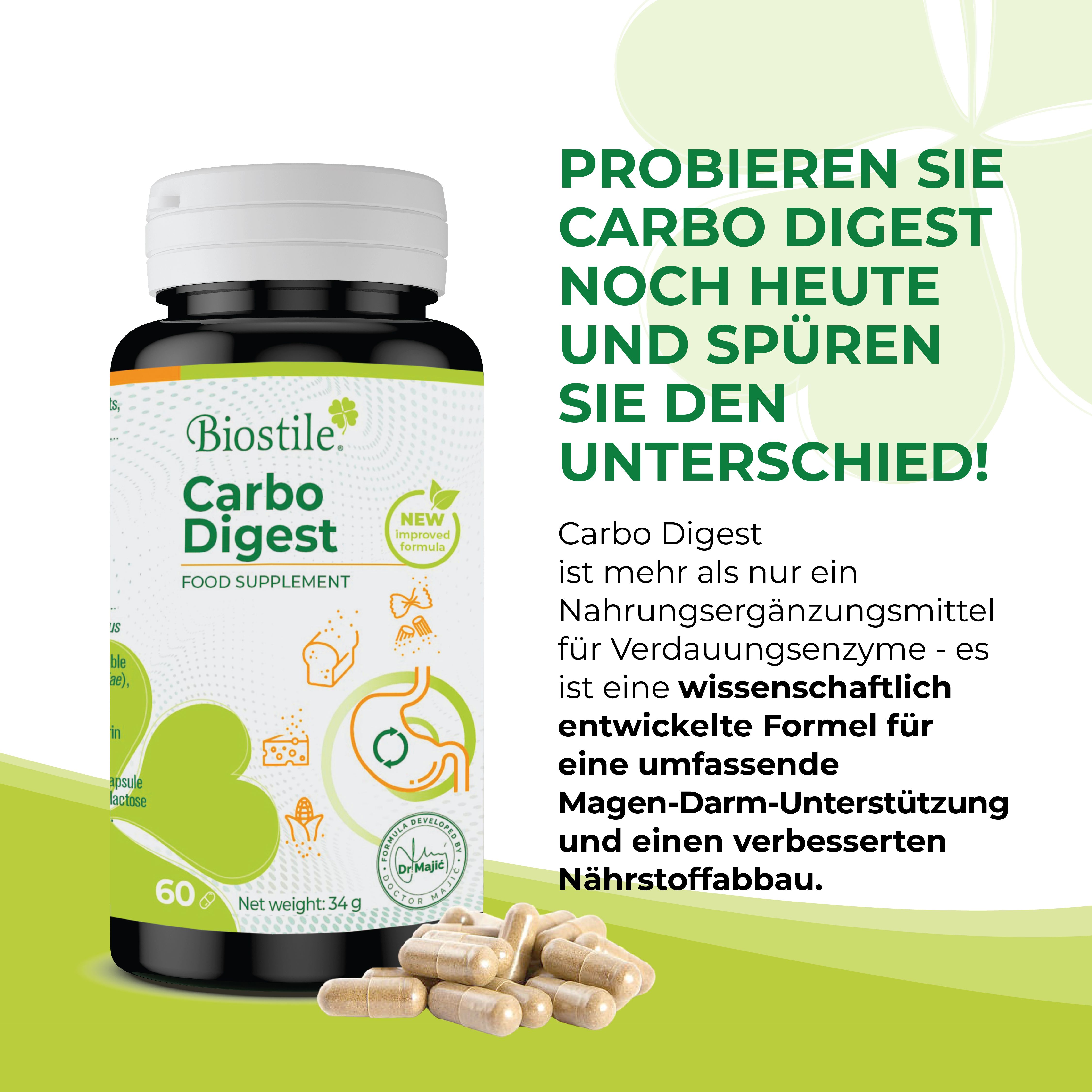 Biostile Carbo Digest Kapselbehälter mit Kapseln, wissenschaftlich entwickelte Formel für die Verdauung.