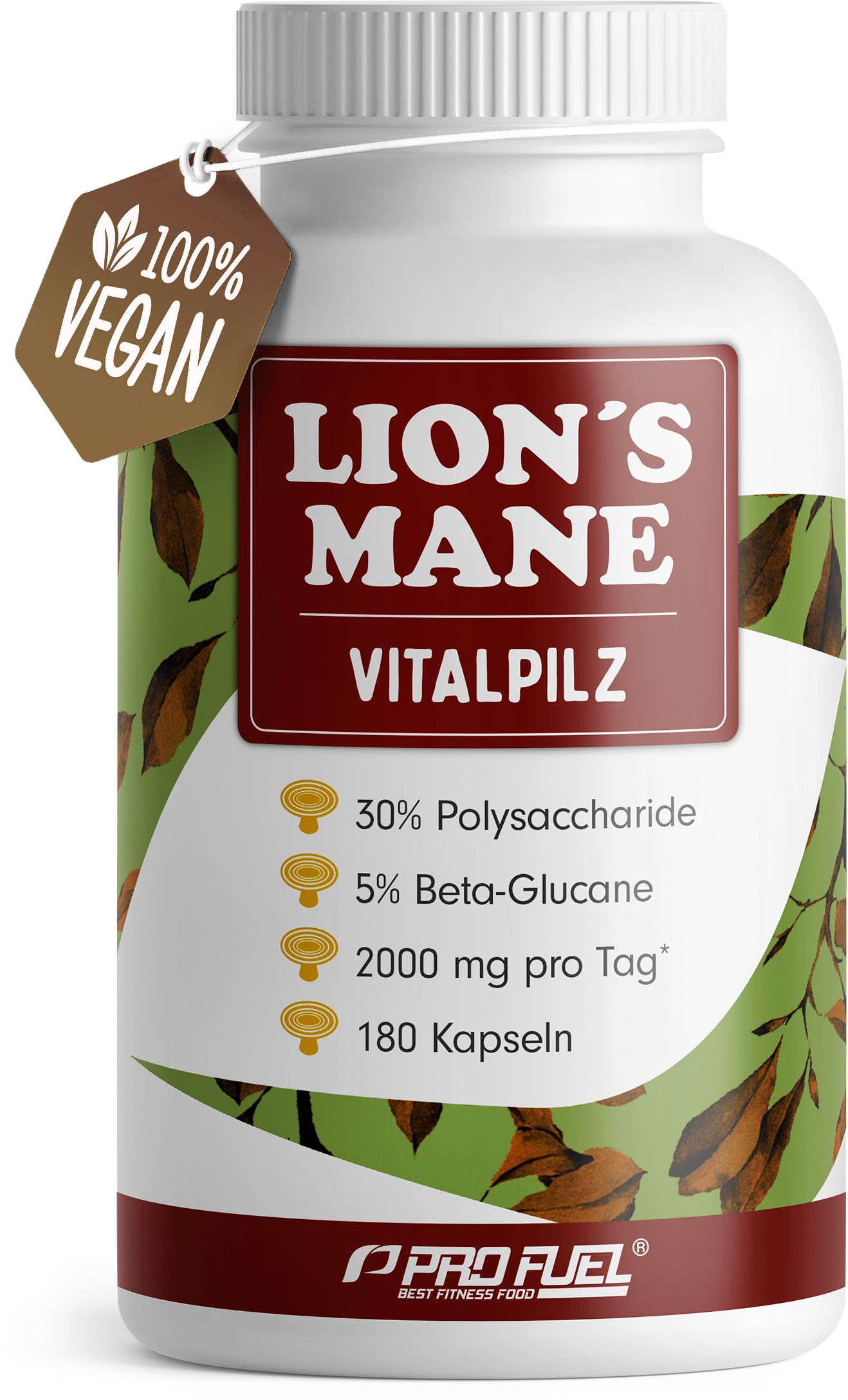 Weiße Flasche mit braunem Etikett. Aufschrift: Lion's Mane Vitalpilz. 180 Kapseln. 100% Vegan. ProFuel Logo.