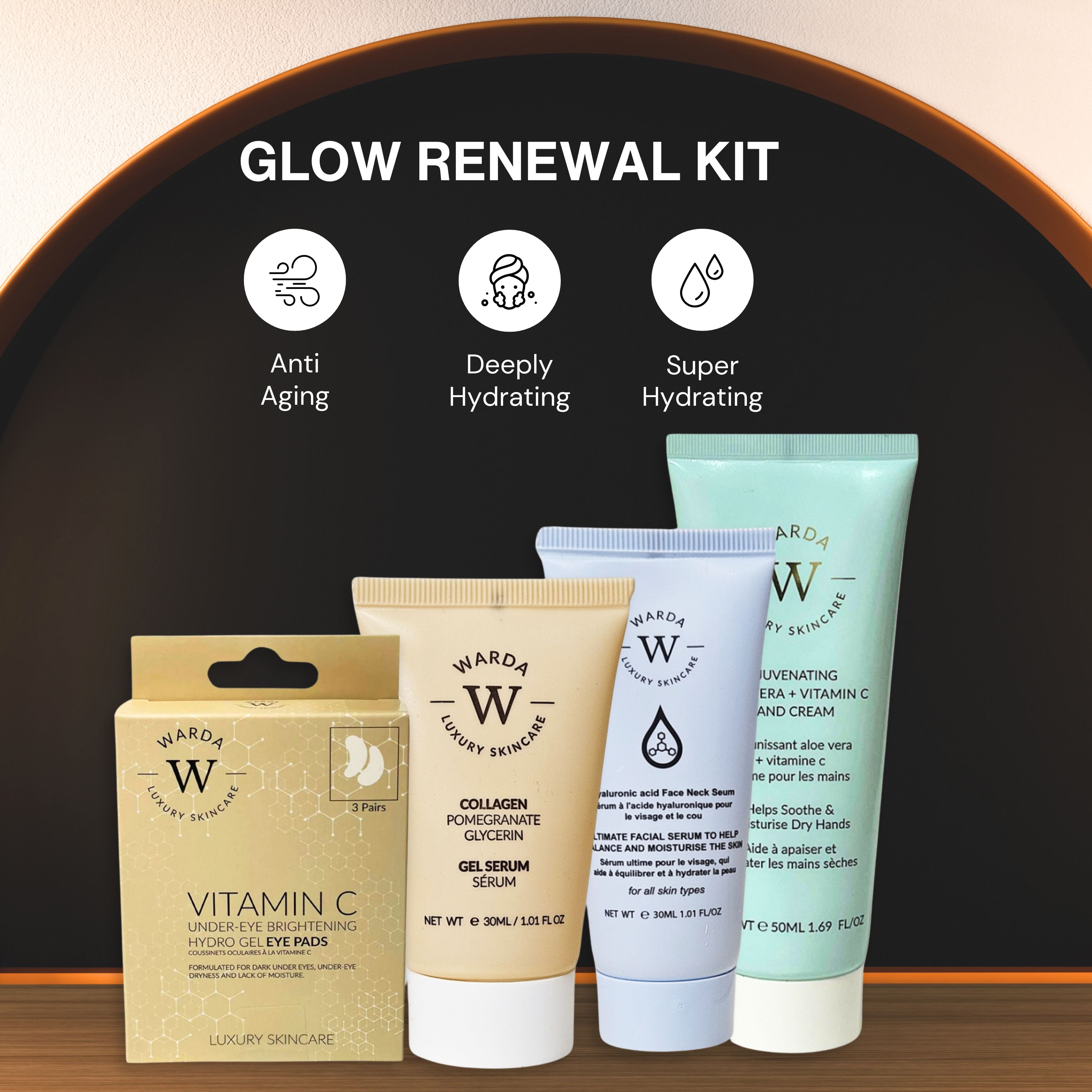 Warda-Pflege-Set mit Augenpads, Serum und Creme. Schwarzer Hintergrund mit Icons und Produktnamen.