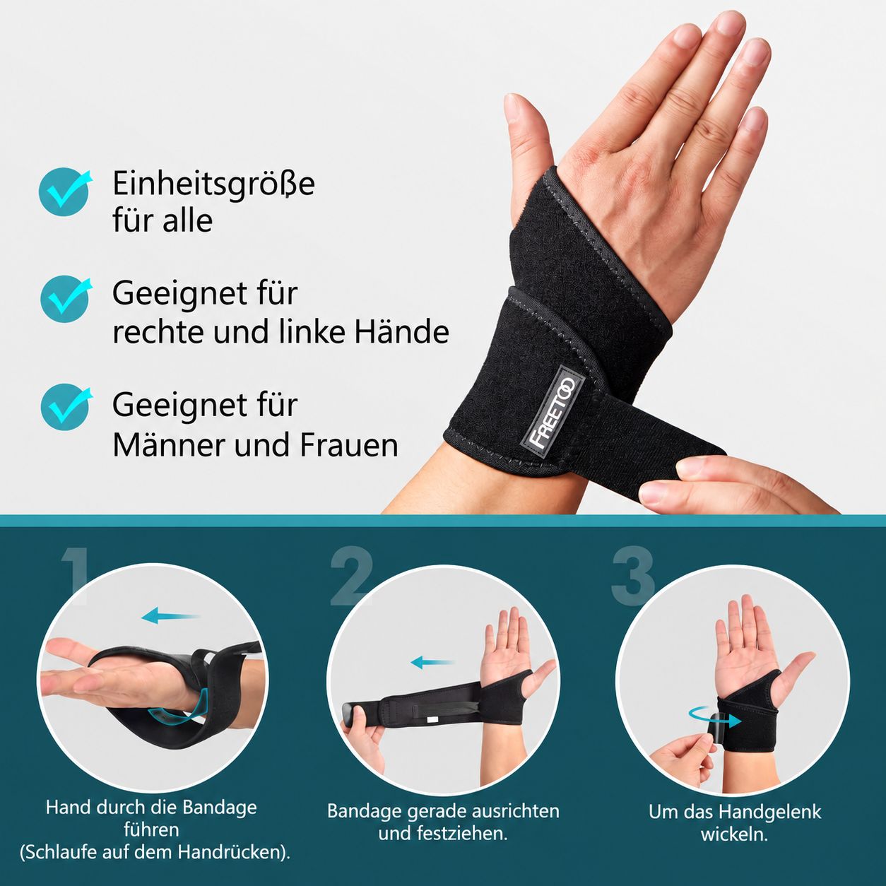 Handgelenkbandage mit Klettverschluss und dem Logo 'FREEDO'.