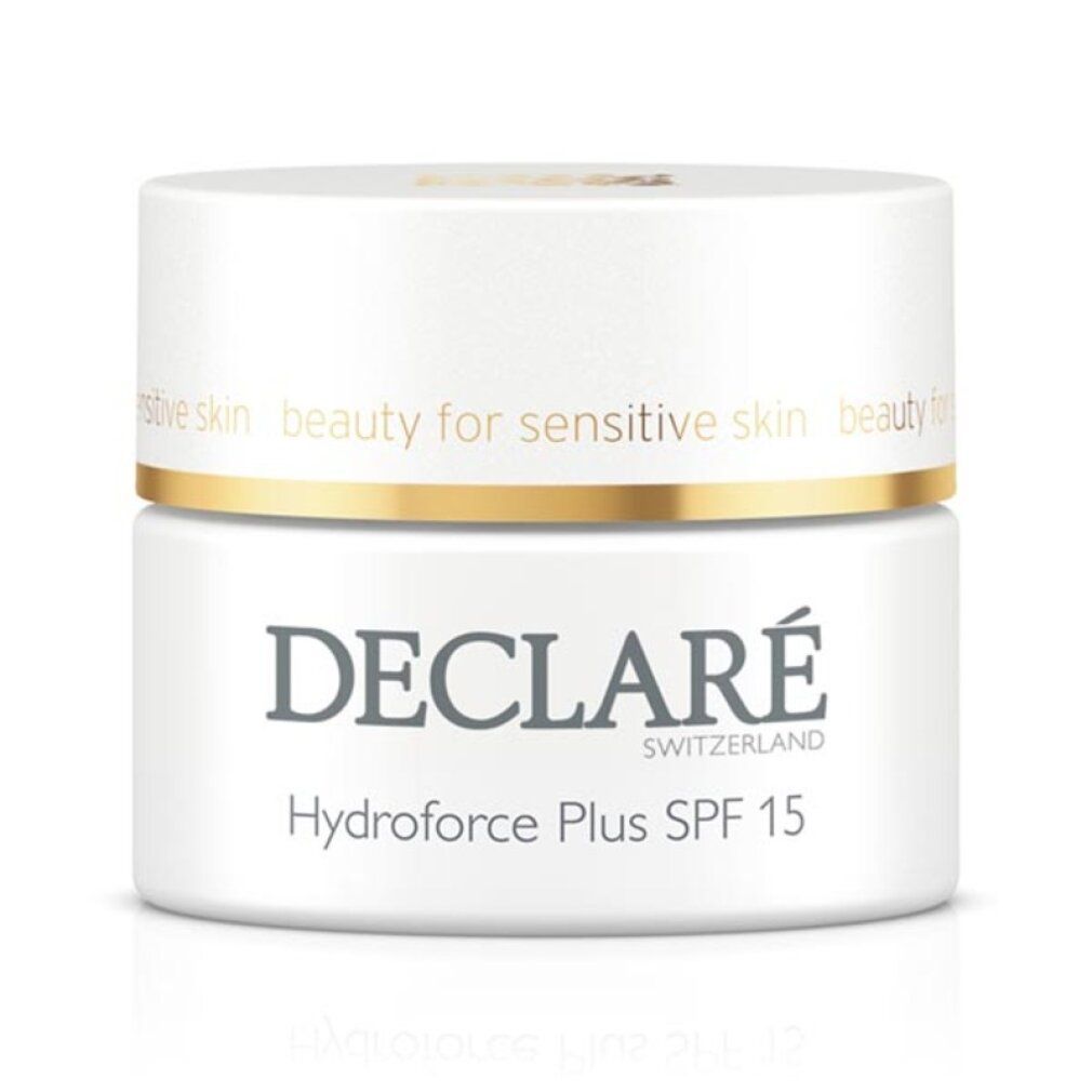 Creme-Tiegel mit goldfarbenem Deckel. Aufschrift: DECLARÉ, Hydroforce Plus SPF15. Creme, Cream, Crème.