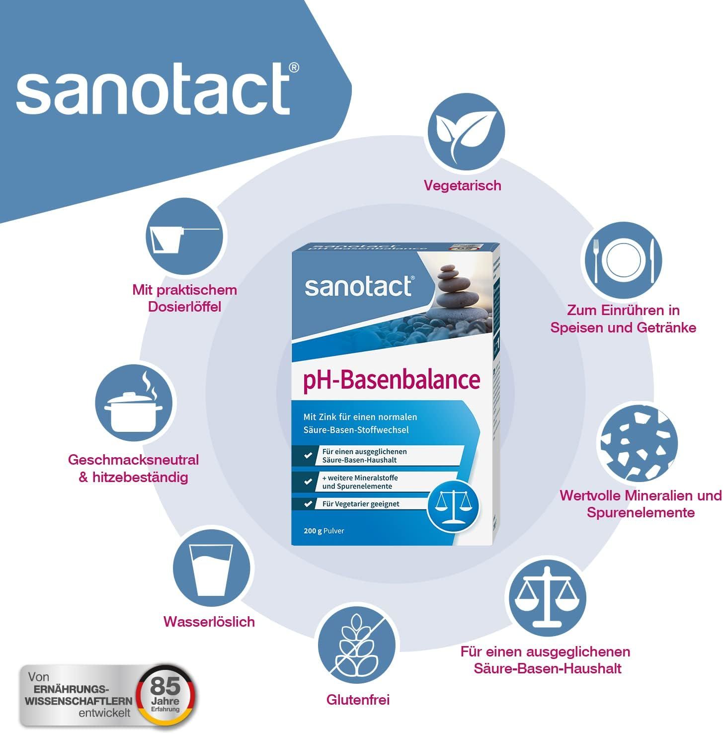 sanotact pH-Basenbalance Pulver-Verpackung mit Illustrationen. Enthält Dosierlöffel, ist glutenfrei und für Vegetarier geeignet.