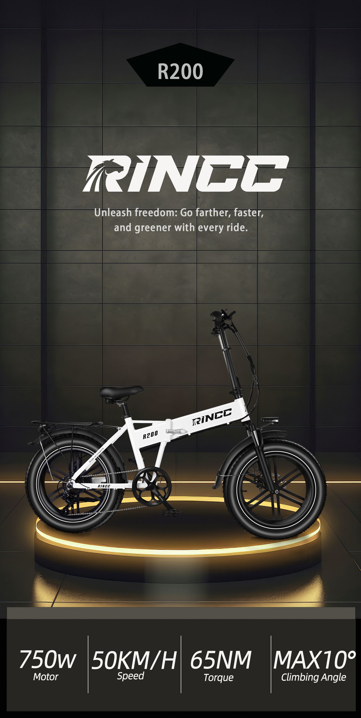 Elektrofahrrad Rincc R200, weiß, mit technischen Daten: 750W Motor, 50KM/H Geschwindigkeit, 65NM Drehmoment, MAX10° Steigung.