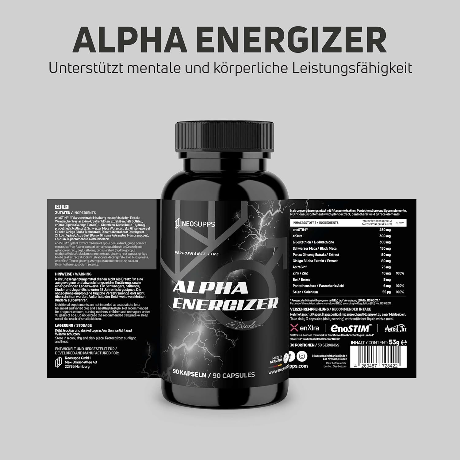 Schwarze Flasche "Alpha Energizer" mit Etikett. Text: Unterstützt mentale und körperliche Leistungsfähigkeit. Inhaltsstoffe.