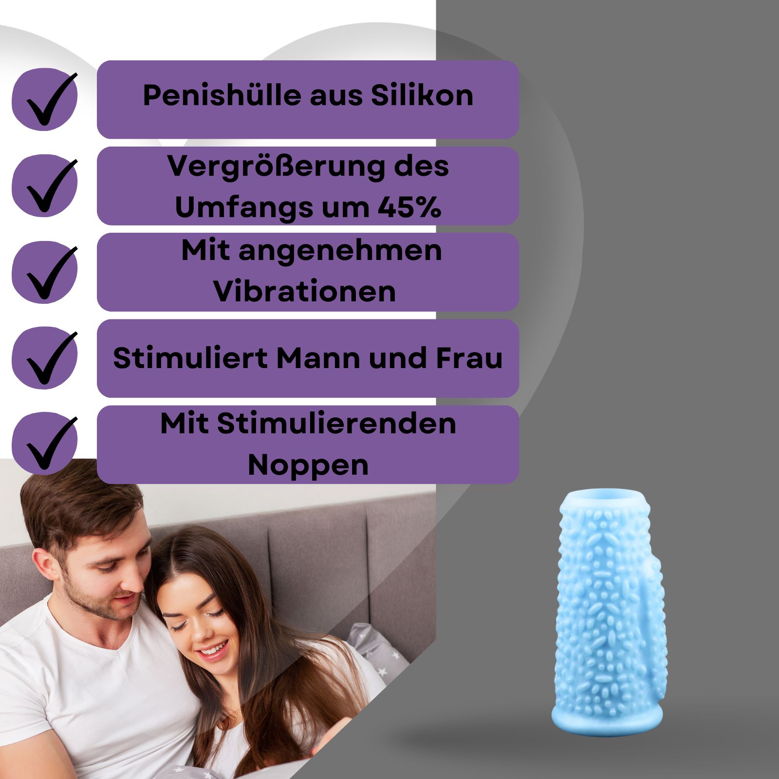 Blaue Penishülle mit Noppen. Text: Penishülle aus Silikon, Vergrößerung des Umfangs um 45%, Vibrationen, Stimulation.