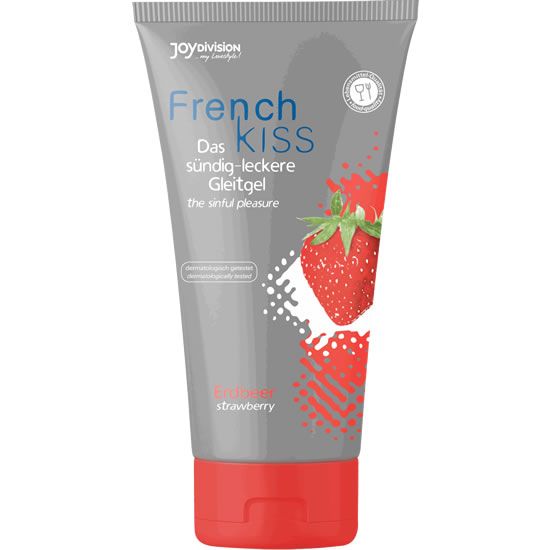 Graue Tube mit rotem Verschluss. Aufschrift: French Kiss, Erdbeer. Logo: Joydivision.