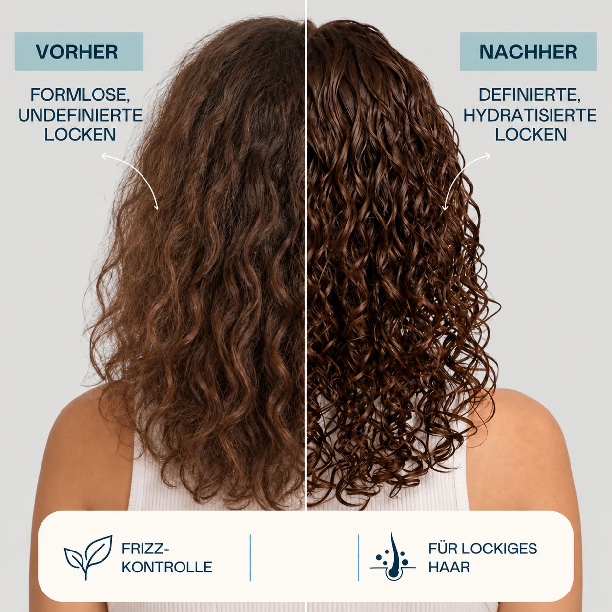 Vorher-Nachher-Vergleich von lockigem Haar, das durch ein Produkt definiert wurde.