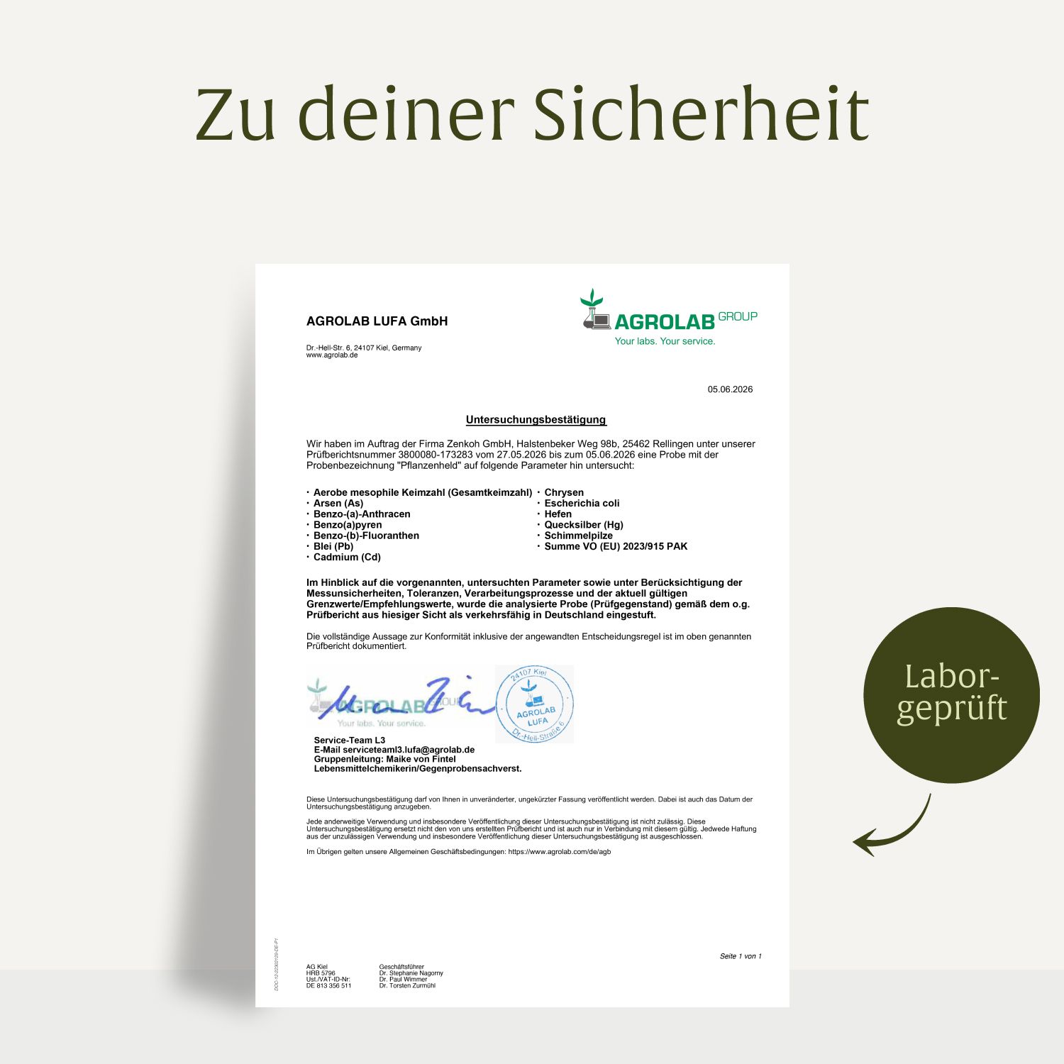 Laborbericht "AGROLAB" für "Pflanzenheld" mit Stempel "Labor-geprüft".