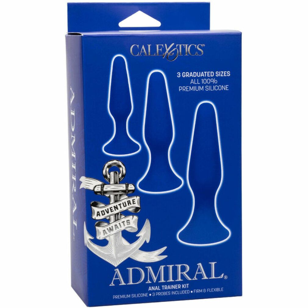 Verpackung mit drei blauen Anal Plugs. Marke CALETICS, Produktname: ADMIRAL ANAL TRAINER KIT.