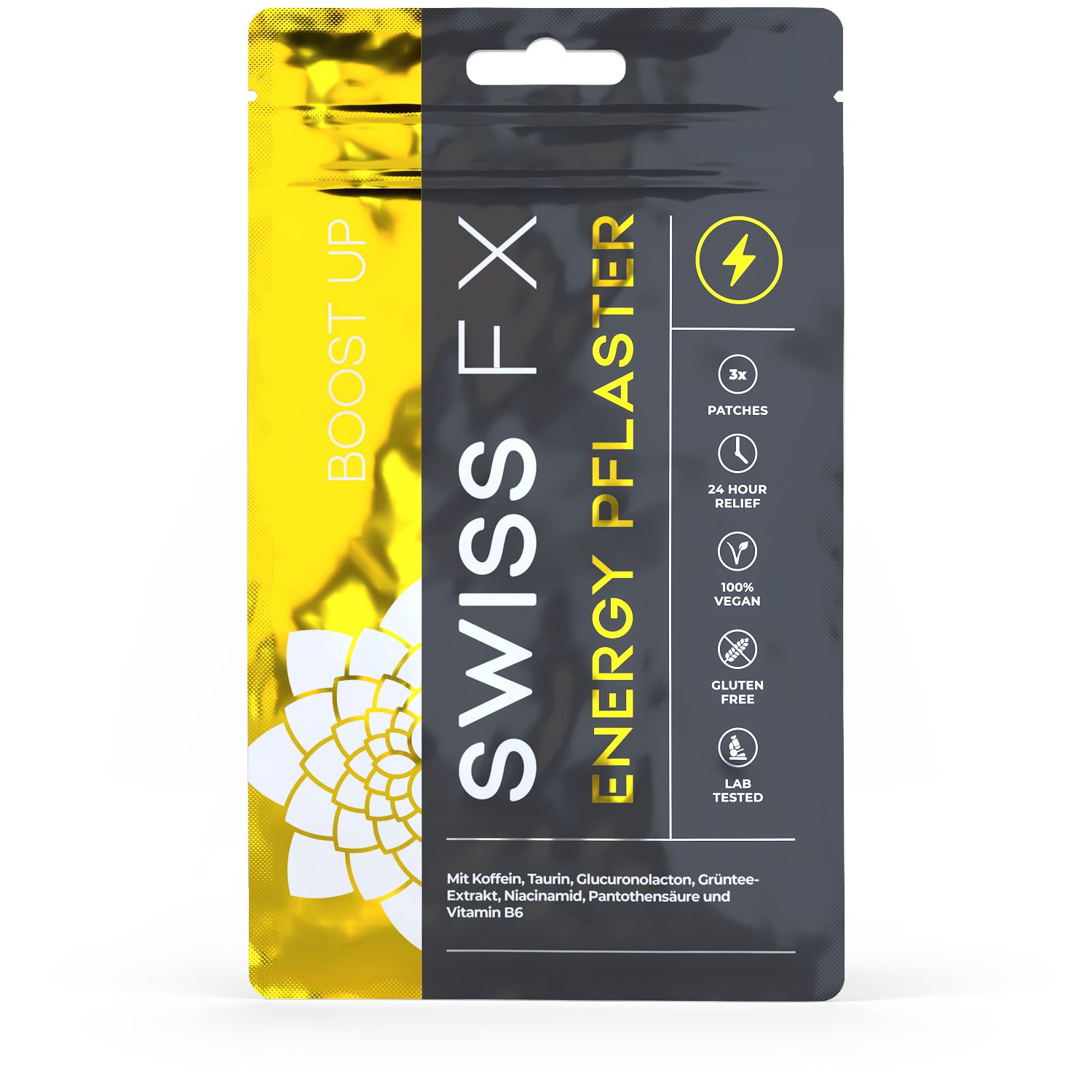 SWISS FX Energy Pflaster Verpackung mit gelben und schwarzen Akzenten. Zeigt 3x Patches, 24h Linderung, vegan, glutenfrei.