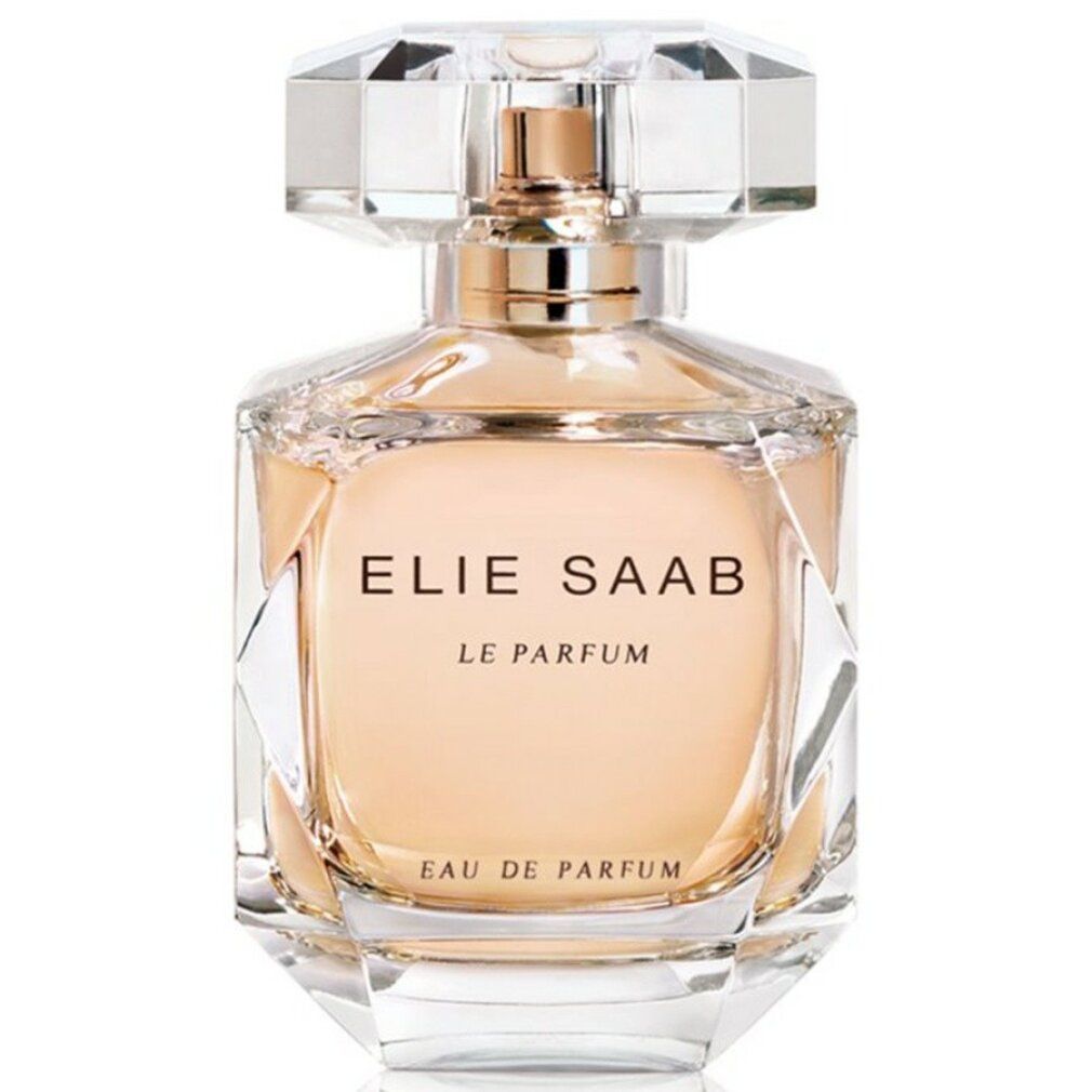 Elie Saab Le Parfum EDP Flakon. Klarer Glasflakon mit goldfarbenem Verschluss. Aufschrift: Elie Saab Le Parfum Eau de Parfum.