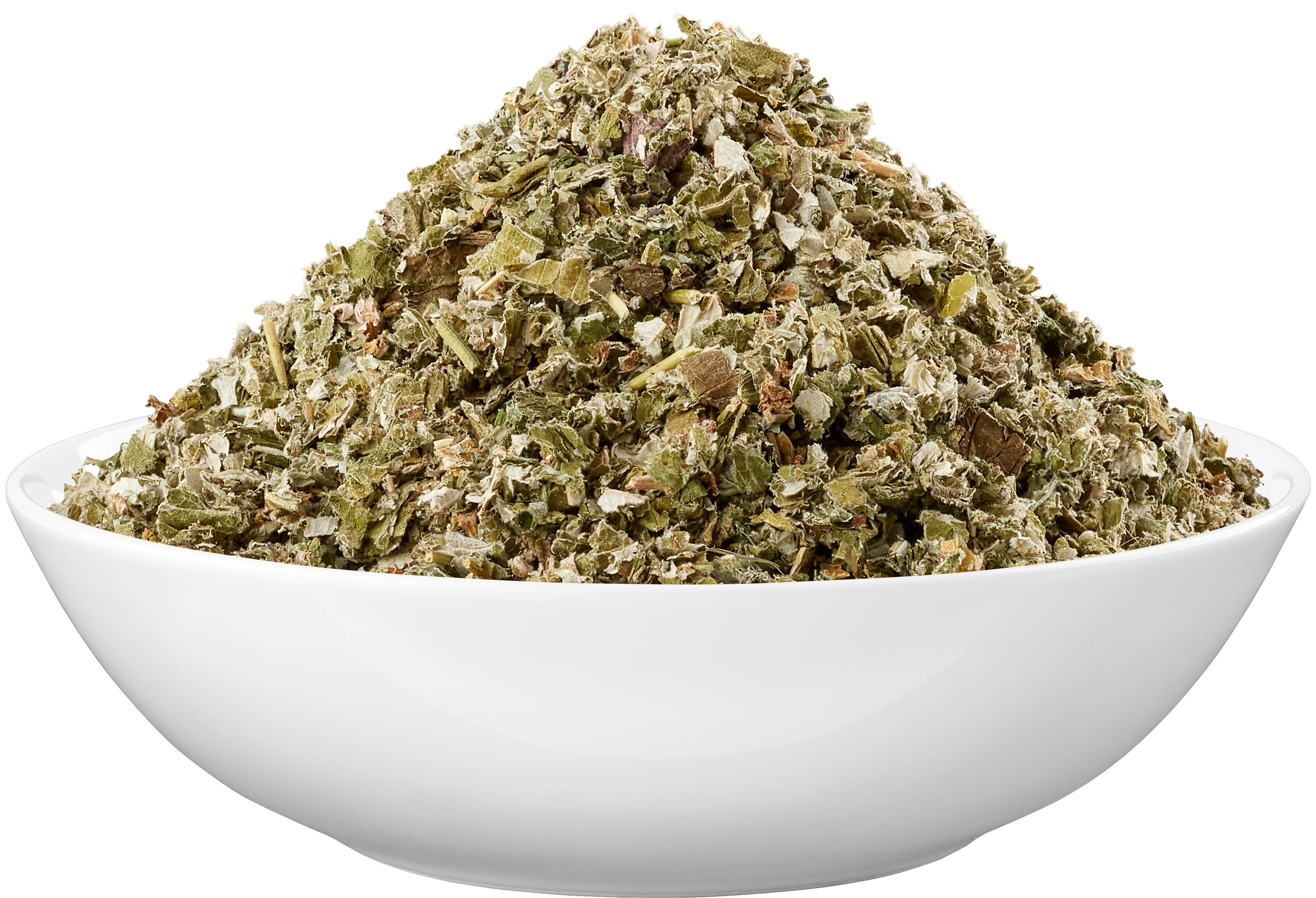 Haufen lose Himbeerblätter in weißer Schale. Blätter grün und braun. Schale rund, weiß, am Rand leicht gewölbt.