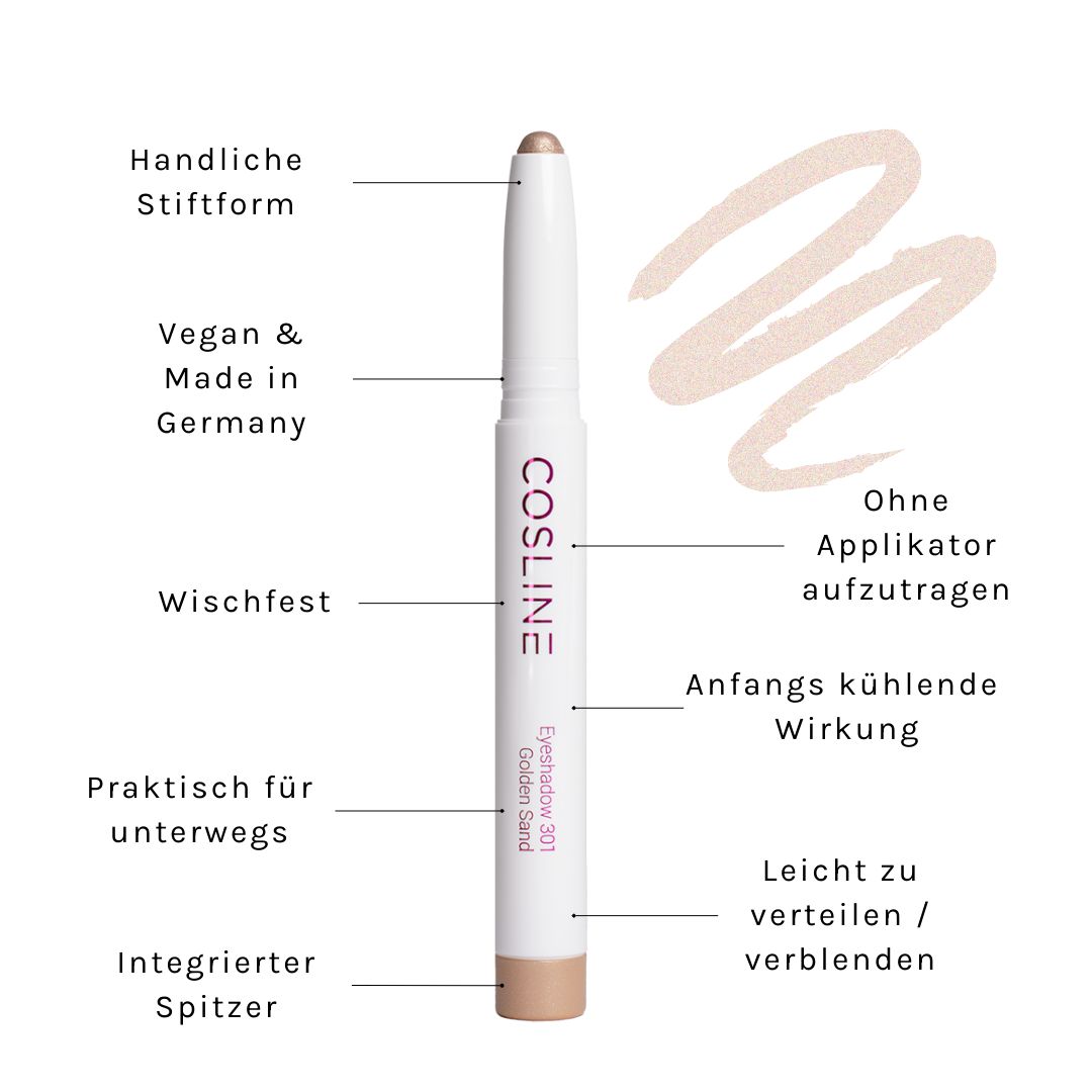 Weißer Lidschattenstift mit goldfarbener Spitze. Text: Cosline, Eyeshadow 301 Golden Sand. Pfeile zeigen Eigenschaften.