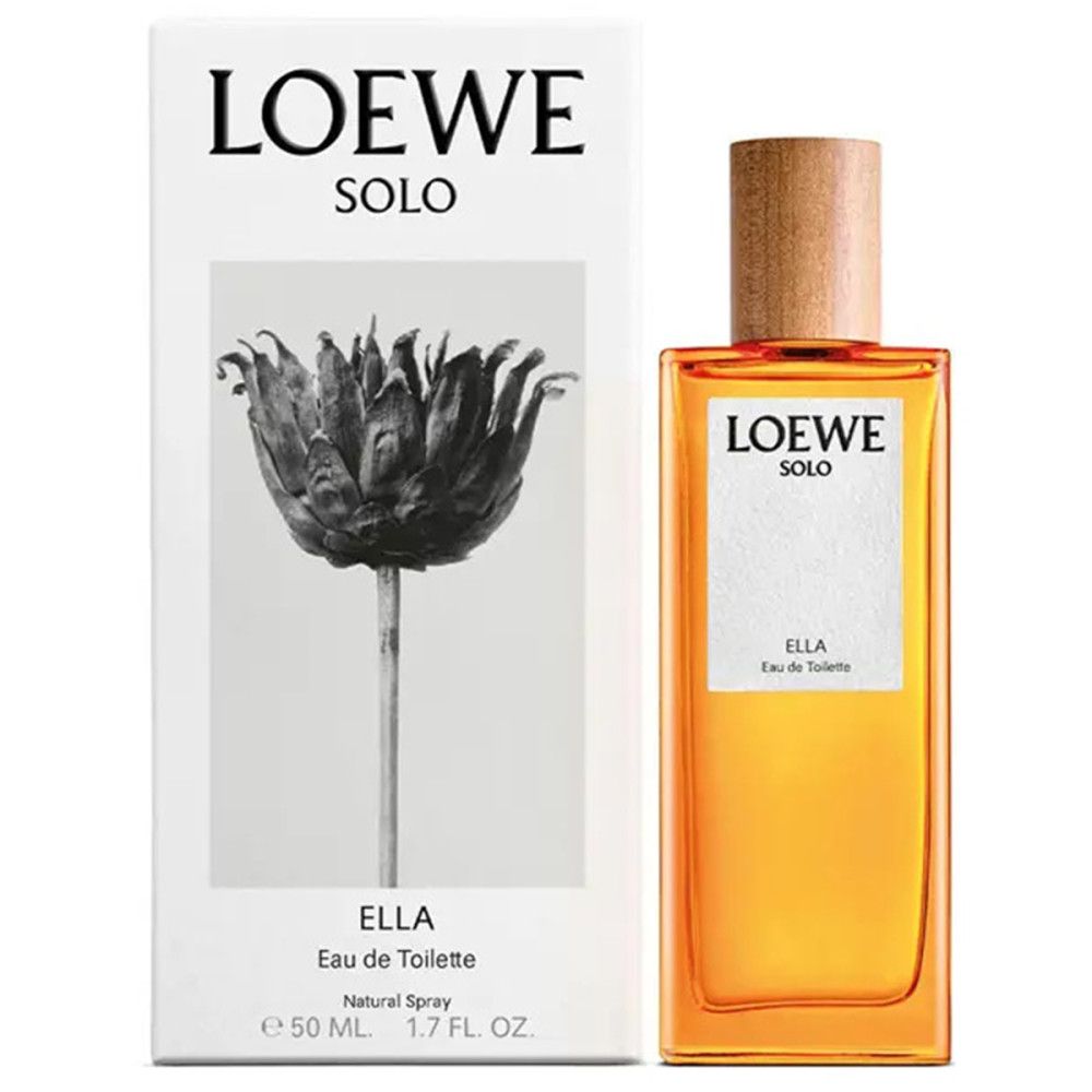 Loewe Solo Ella Eau de Toilette Spray. Flakon mit Holzverschluss und Verpackung. Aufdruck: Loewe Solo Ella, Blume.