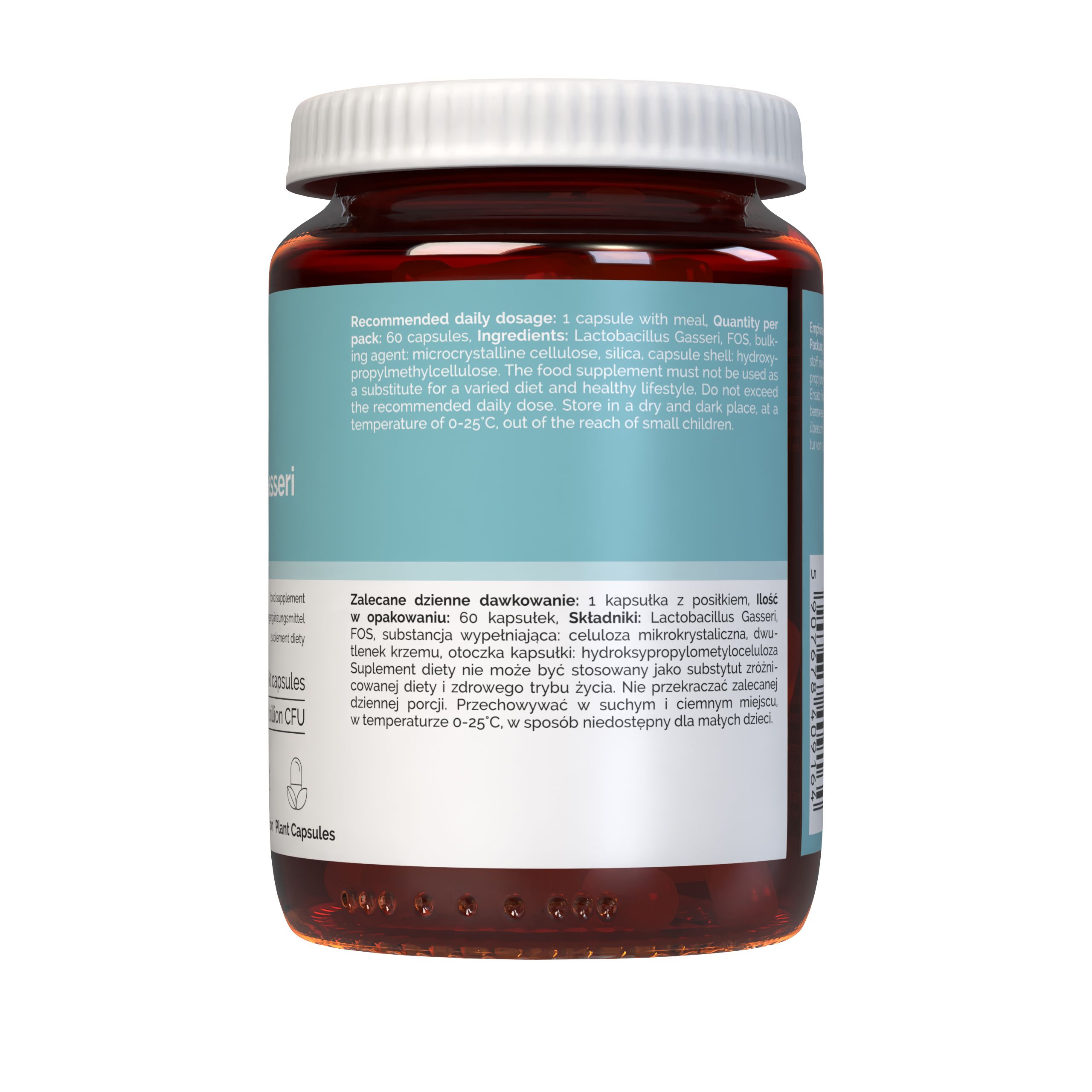 Vitaler's Lactobacillus Gasseri mit FOS: Rückseite der Flasche mit Dosierungs- und Anwendungshinweisen.