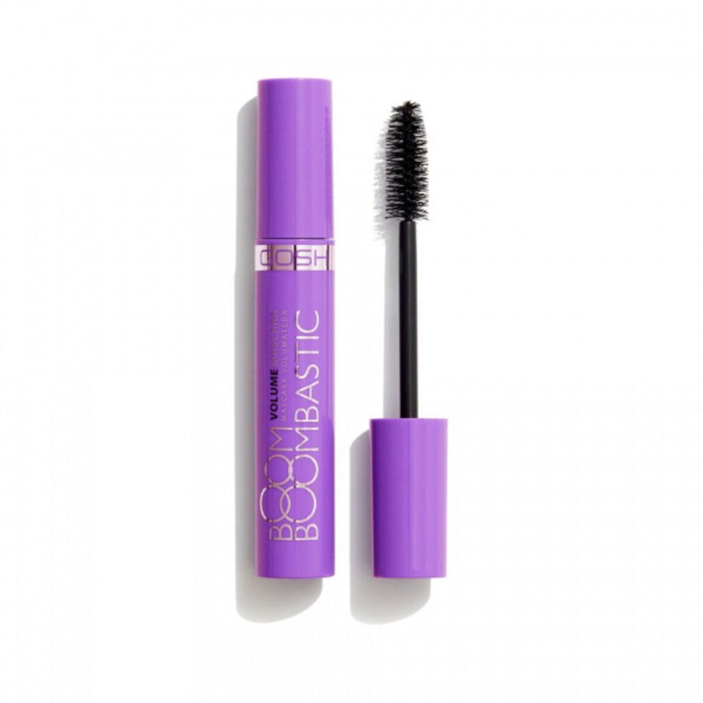 Lila Mascara-Tube mit schwarzer Bürste. Aufschrift: Gosh Boom Boombastic Volume Mascara.