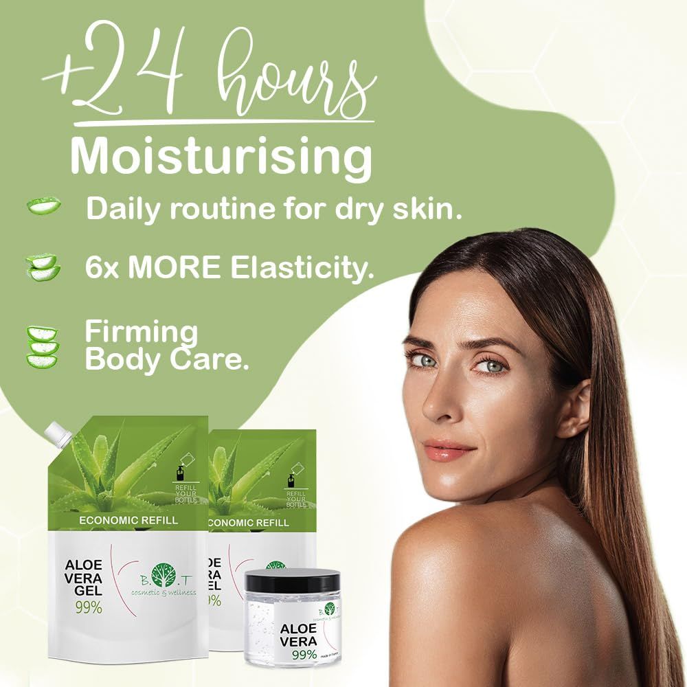 Frau mit Aloe Vera Gel. Produkte: Aloe Vera Gel 99% und Nachfüllpackung. Text: +24 Stunden Feuchtigkeit, tägliche Routine für trockene Haut.