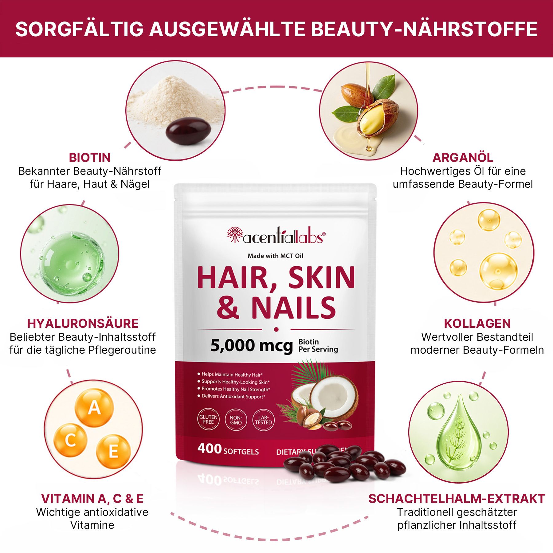 Acentiallabs Nahrungsergänzungsmittel Biotin Hochdosiert für Haut Haare Nägel mit Vitaminen