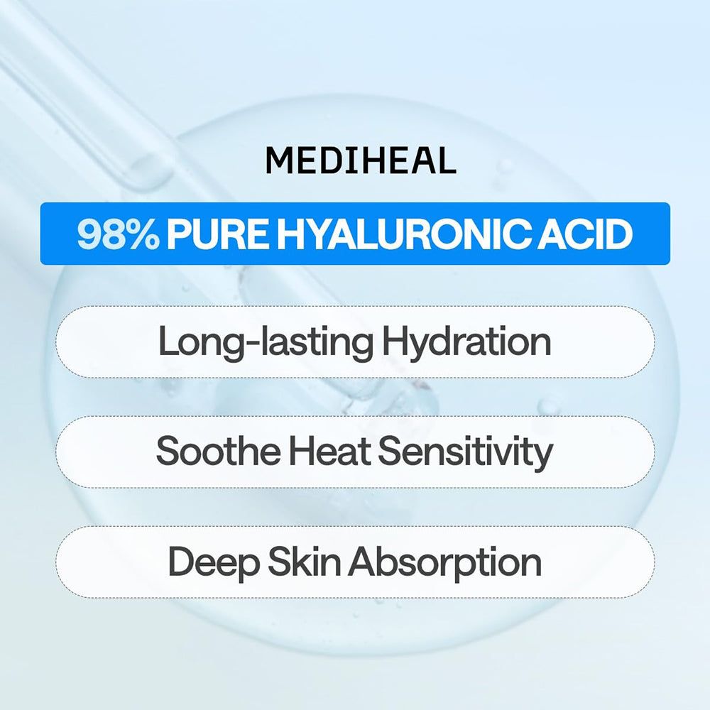 MEDIHEAL-Grafik. 98% reine Hyaluronsäure. Vorteile: langanhaltende Hydratation, lindert Hitzeempfindlichkeit, tiefe Hautabsorption.