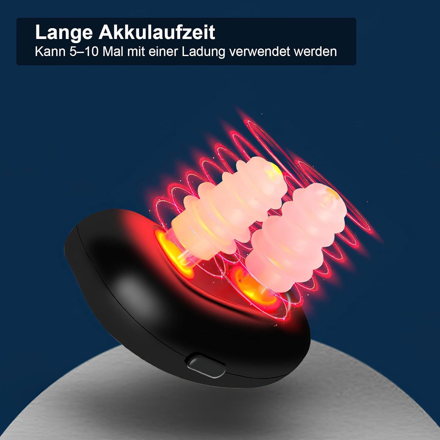 Nasengerät mit rotem Licht. Text: Lange Akkulaufzeit. Kann 5-10 Mal mit einer Ladung verwendet werden. Rote Lichtwellen.
