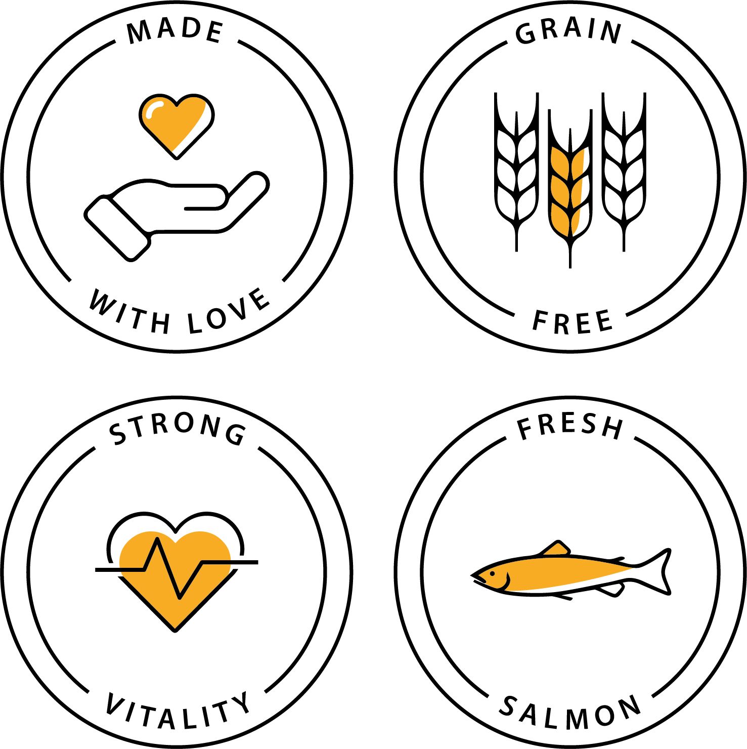 Kreisförmige Logos: Herz, Hand, Ähre, Fisch. Texte: Made with love, Grain free, Strong vitality, Fresh salmon.