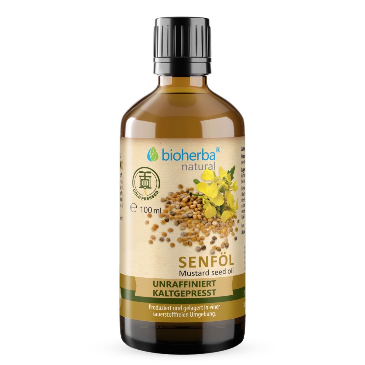 Etikett einer Flasche Senföl. Produktname, Inhaltsstoffe und Nährwertangaben. Bioherba-Logo und Zertifizierungen.