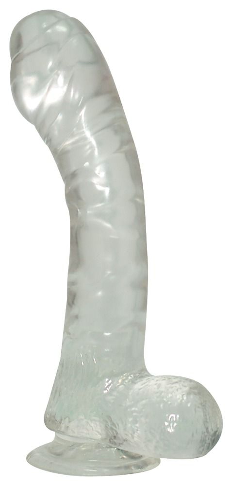 Transparentes Dildo mit geriffelter Oberfläche und abgerundeter Spitze.