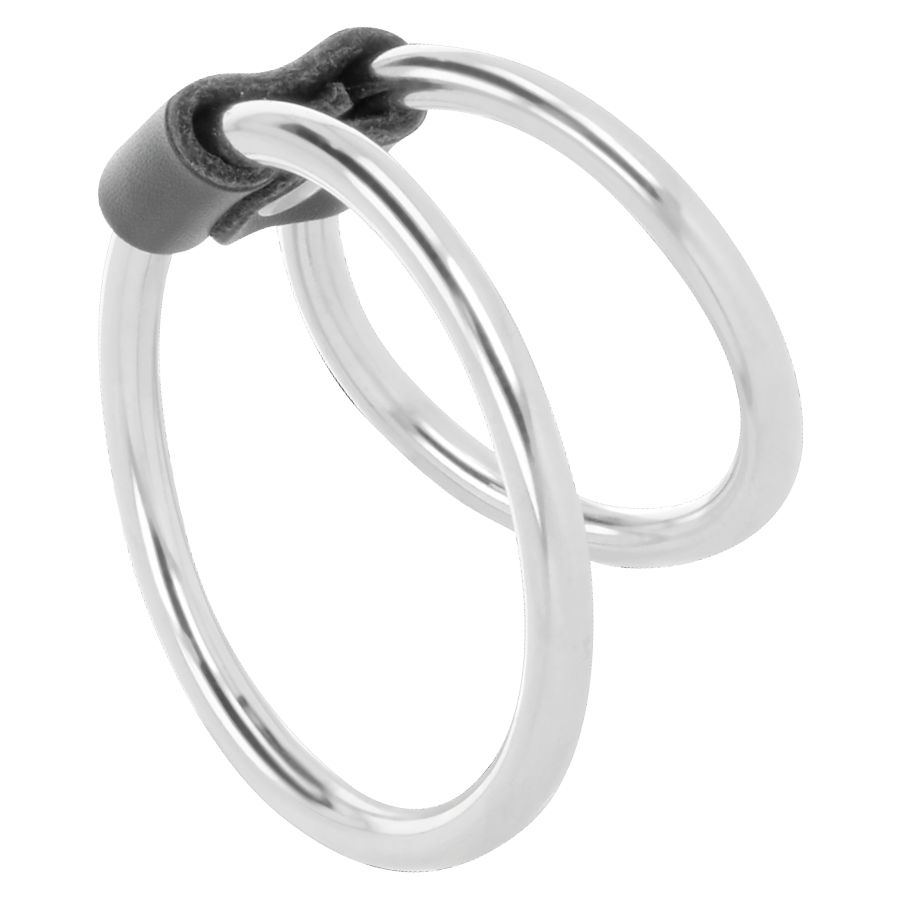 Doppelter Penisring aus Metall mit schwarzem Verbindungsstück. Zwei Ringe, verbunden.