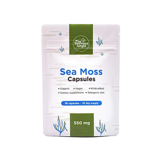 Beutel mit Sea Moss Kapseln. Aufschrift: Sea Moss Capsules, 60 Kapseln, 30-Tage-Vorrat, 550 mg.