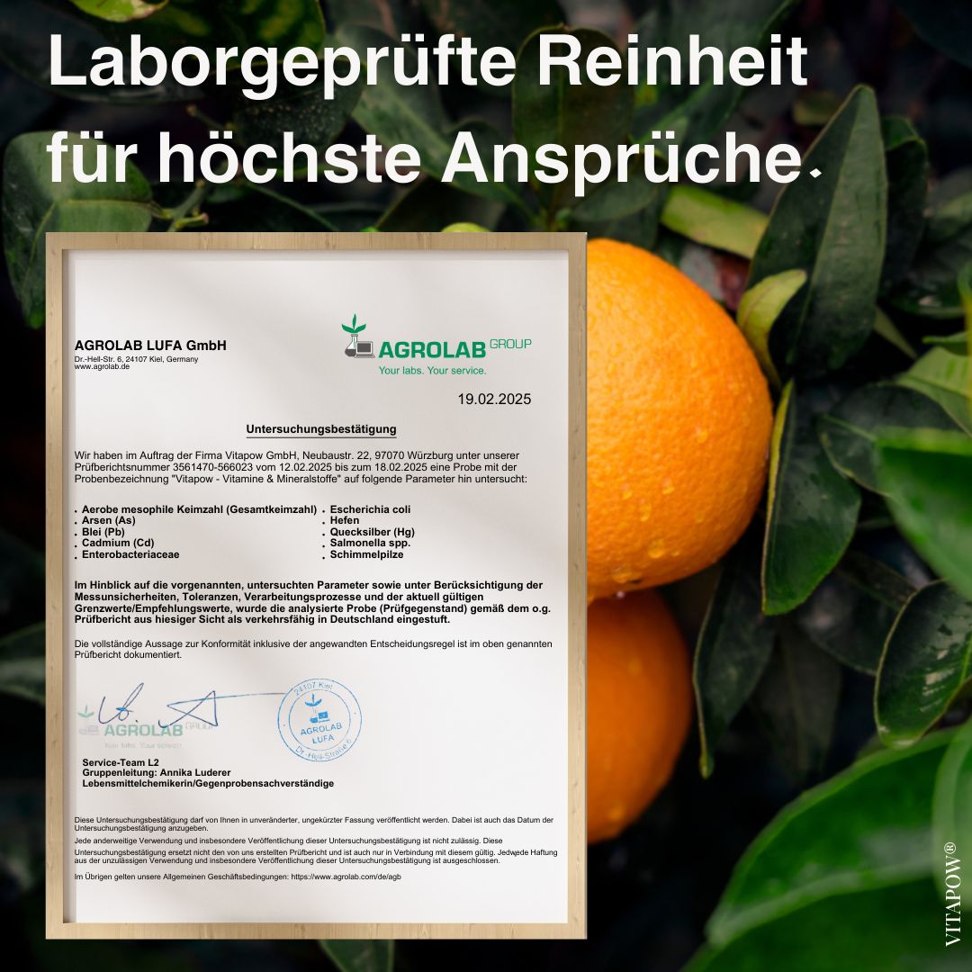 Zertifikat von Agrolab LUFA GmbH. Text: Laborgeprüfte Reinheit für höchste Ansprüche. Untersuchungsergebnis vom 19.02.2025.