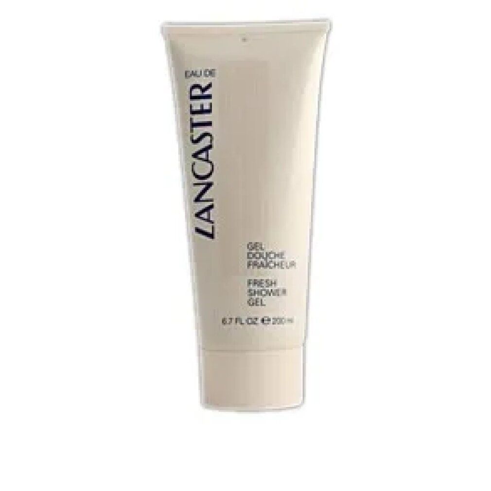 Beigefarbenes Duschgel in einer Tube. Aufschrift: Lancaster Eau de Lancaster Fresh Shower Gel. 6.7 FL.OZ. e 200 ml.