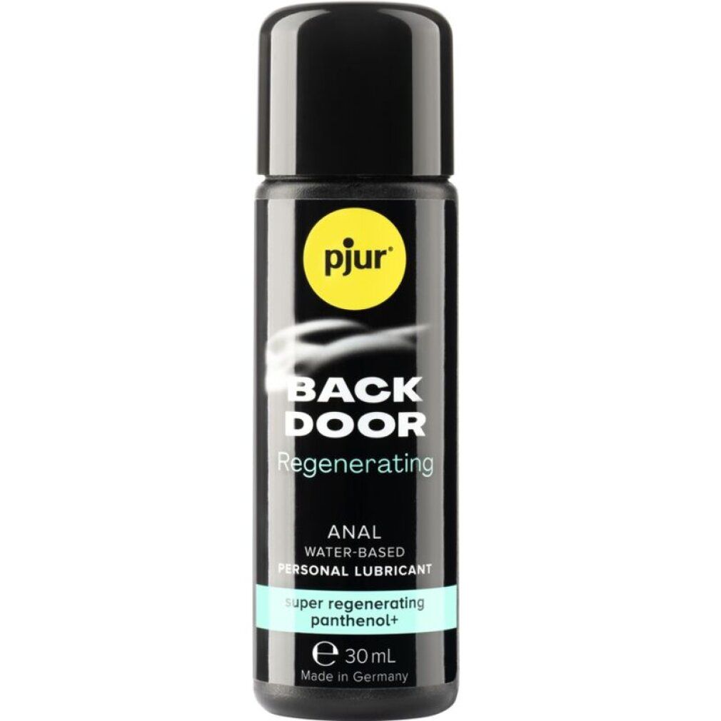 Kleine Flasche mit schwarzem Deckel. Aufschrift: pjur, BACK DOOR, Regenerating, ANAL WATER-BASED PERSONAL LUBRICANT, super regenerating panthenol+. 30ml.