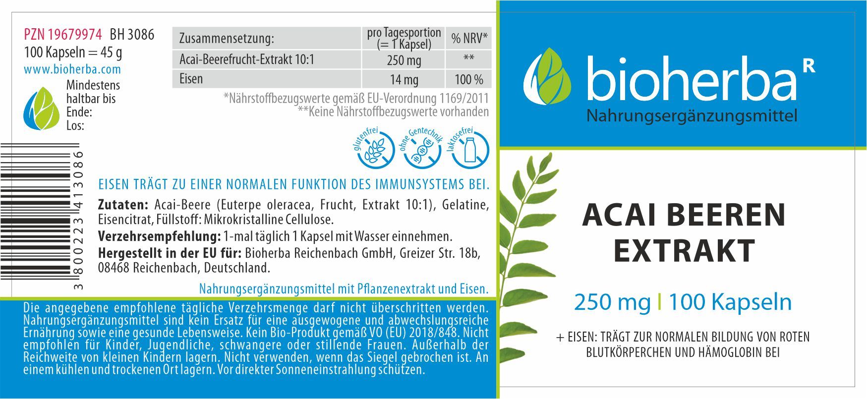 Bioherba Acai Beeren Extrakt Kapseln. Dose mit Etikett. Enthält 100 Kapseln. Angaben zu Inhaltsstoffen und Nährwerten.