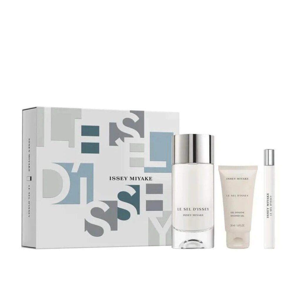 Geschenkset mit Verpackung, Flakon, Duschgel und Zerstäuber. Aufschrift: Issey Miyake, Le Sel d'Issey.