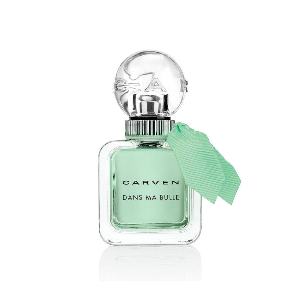 Carven Dans Ma Bulle Eau de Toilette Flakon mit grünem Band und silbernem Ring. Transparenter runder Verschluss mit Prägung.