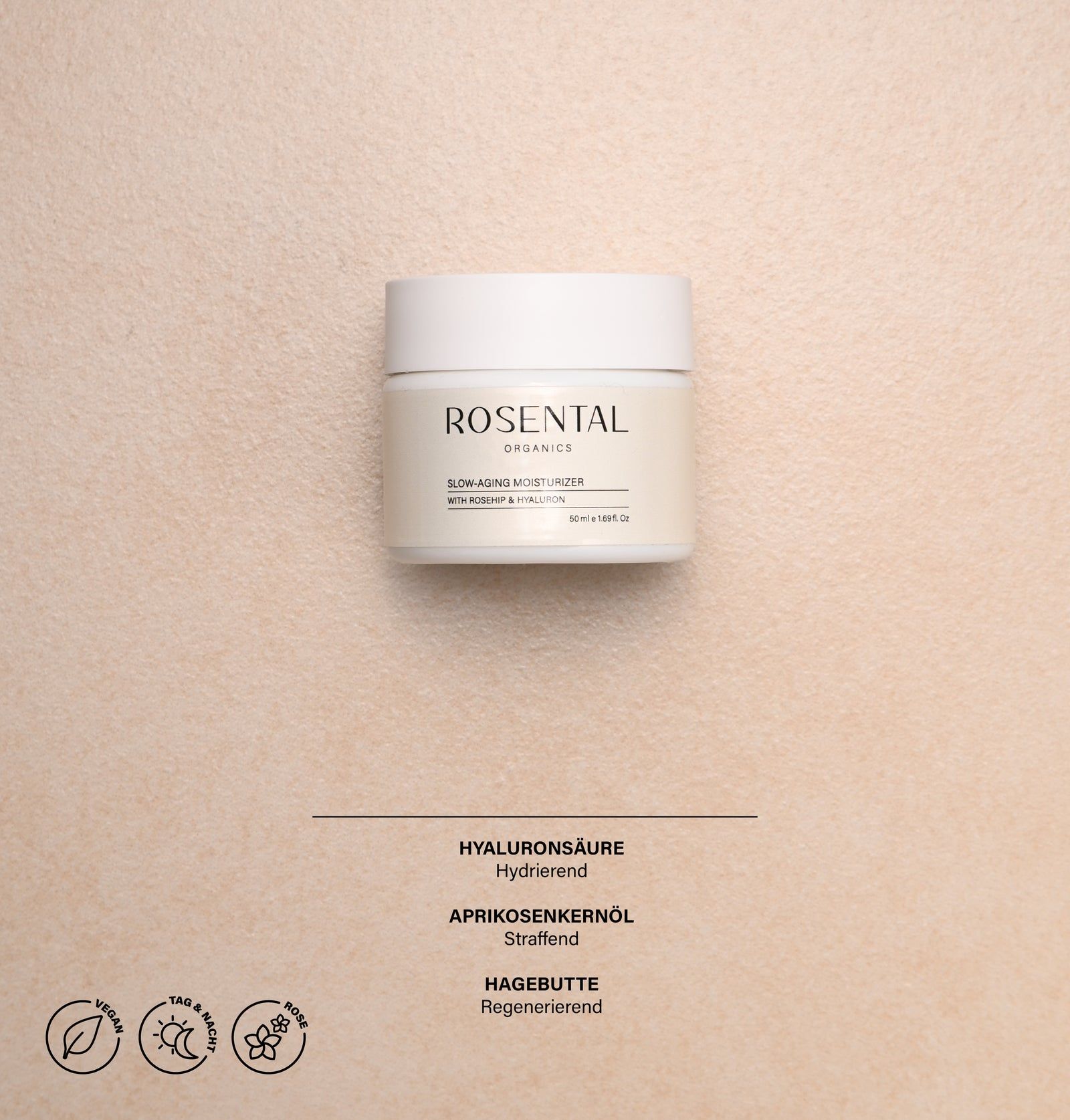 Cremetiegel mit weißem Deckel. Aufschrift: Rosental Organics. Produktname und Inhaltsstoffe. Symbole.