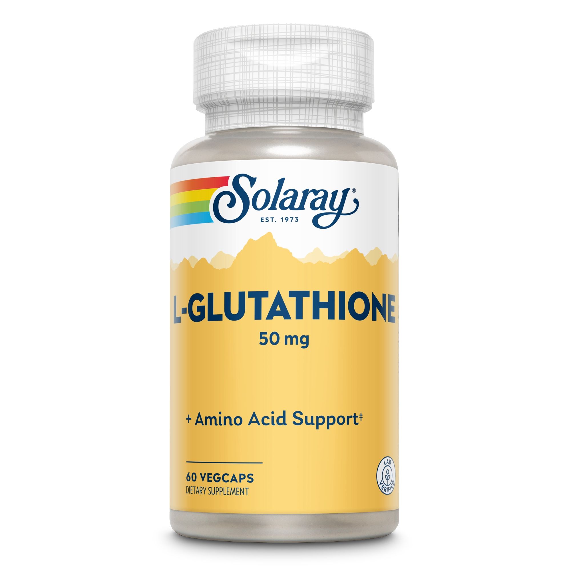 Solaray L-Glutathion 50 mg Flasche. 60 Vegicaps. Aufschrift: L-Glutathion 50 mg, + Amino Acid Support. Gelbe und weiße Kapseln.