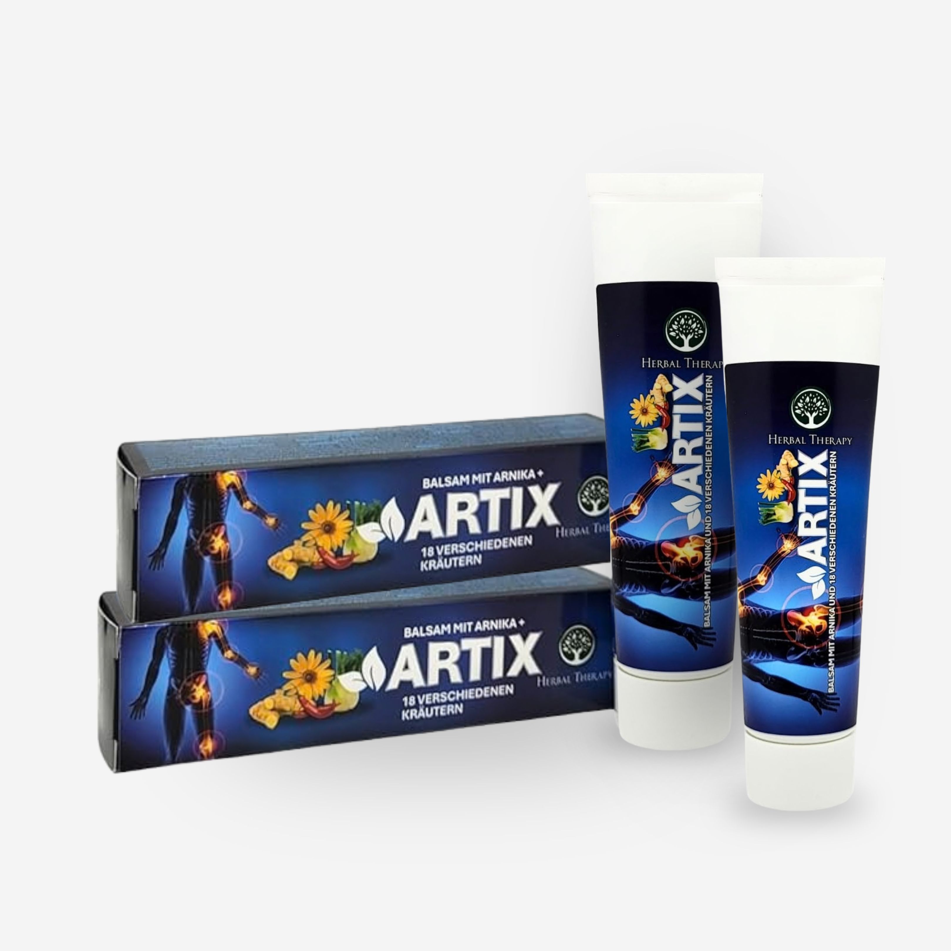 Zwei Tuben des Balsams Reumix bei rheumatischen Beschwerden. Die Verpackung zeigt Kräuter und Gewürze.