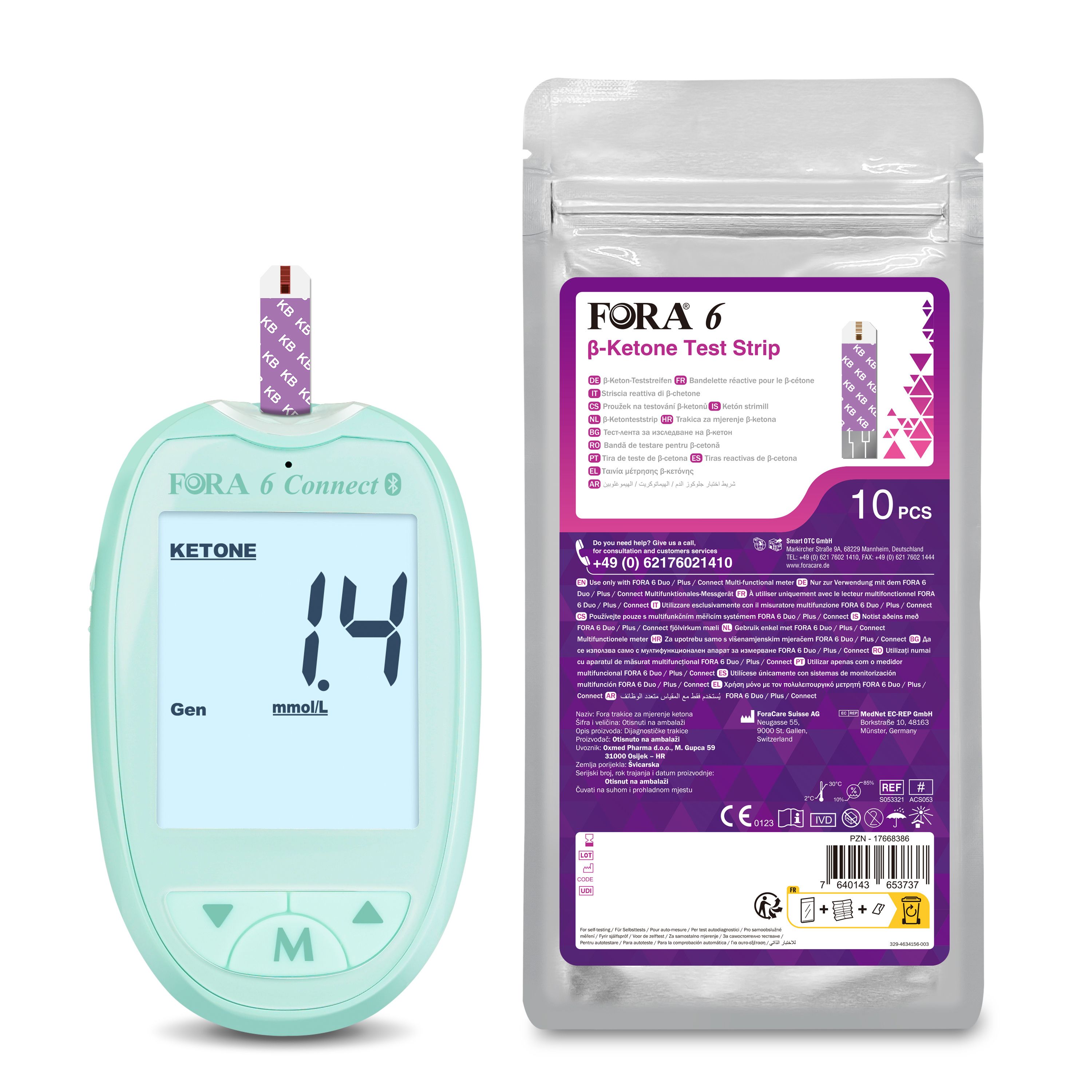 Blutzuckermessgerät mit Teststreifen und Packung. Zeigt 1.4 mmol/L an. Packung mit 10 Teststreifen, CE-Zeichen.