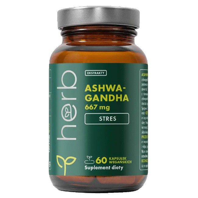 Braunglasflasche mit silbernem Deckel, enthält 60 vegane Ashwagandha-Kapseln.