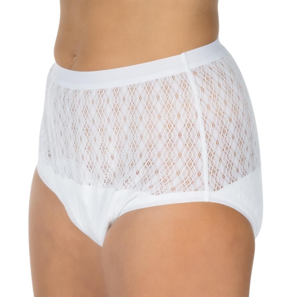 Weiße Inkontinenz-Slip für Damen aus Polyester. Netzmuster im oberen Bereich. Seitenansicht, Hüfte und Oberschenkel.