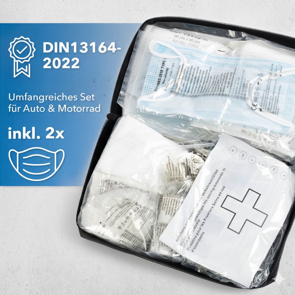 Geöffnete KFZ-Verbandtasche mit Inhalt. DIN 13164-2022 Zertifizierung. Inkl. 2 Masken.