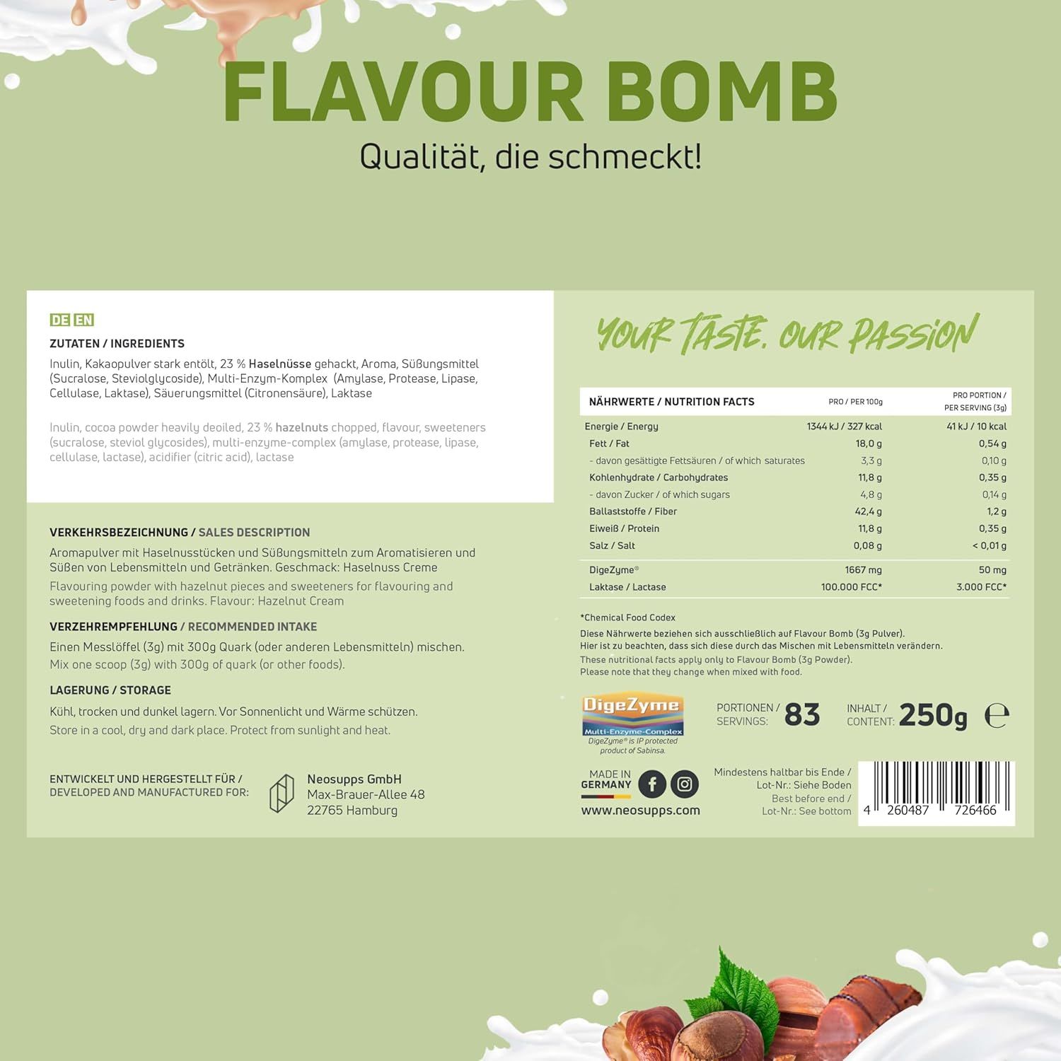 Produktetikett mit Zutatenliste und Nährwertangaben. Text: FLAVOUR BOMB. Text: Hazelnut Cream. Text: Your Taste. Our Passion. Hergestellt in Deutschland.
