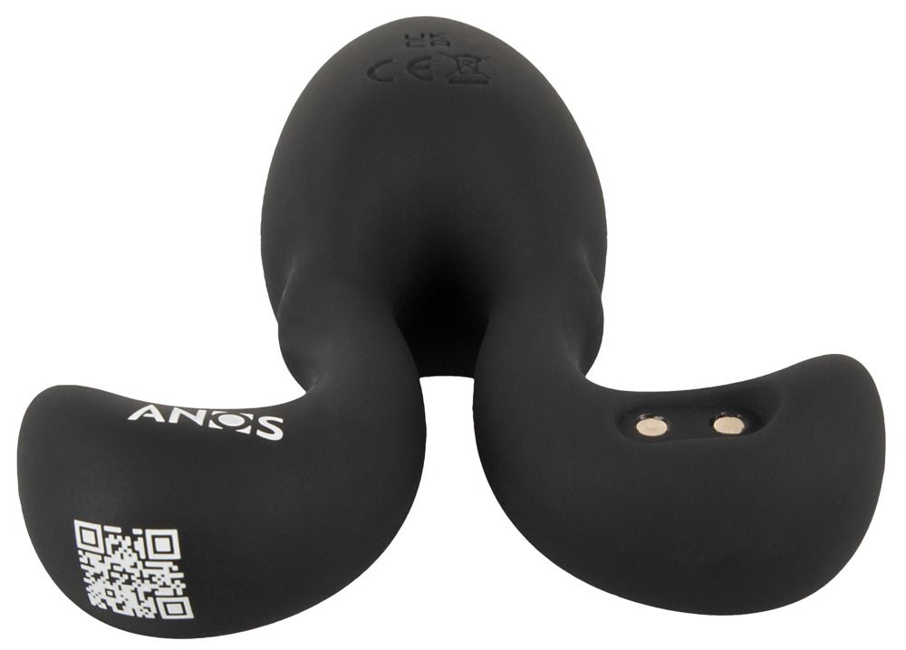 Unterseite eines schwarzen Analplugs mit flexiblen Armen. Zeigt Markenzeichen, QR-Code und Ladekontakte.