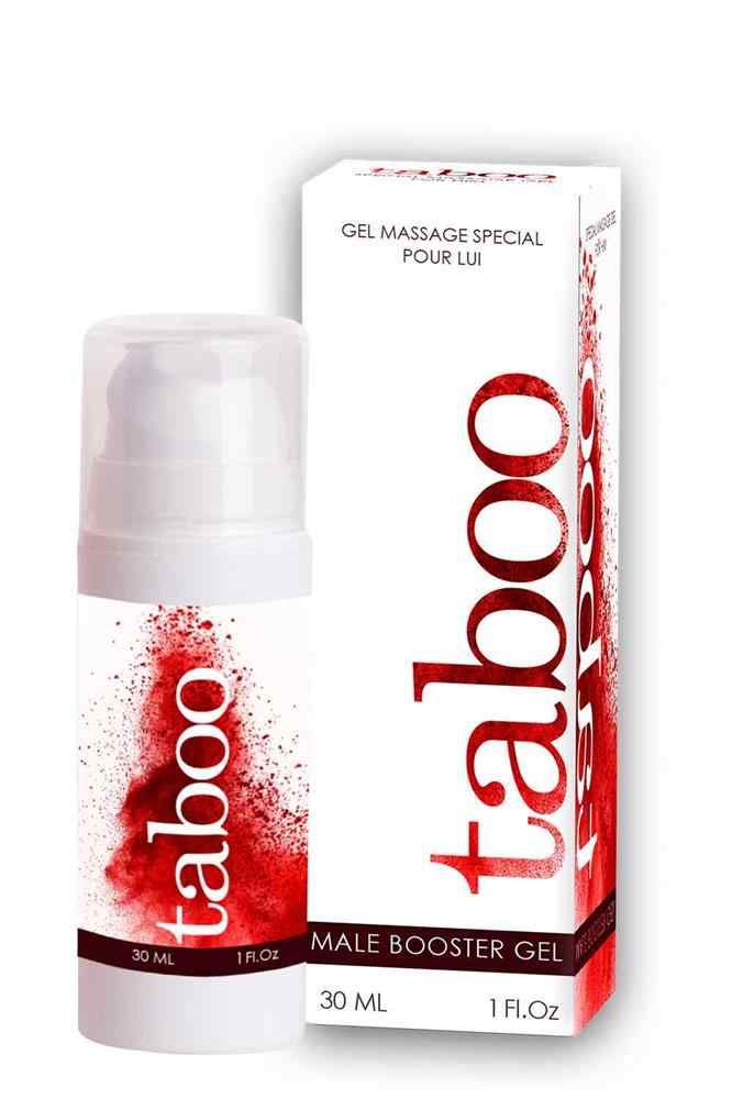 Weiße Flasche und Verpackung. Roter Aufdruck "taboo". Text: "GEL MASSAGE SPECIAL POUR LUI" und "MALE BOOSTER GEL".