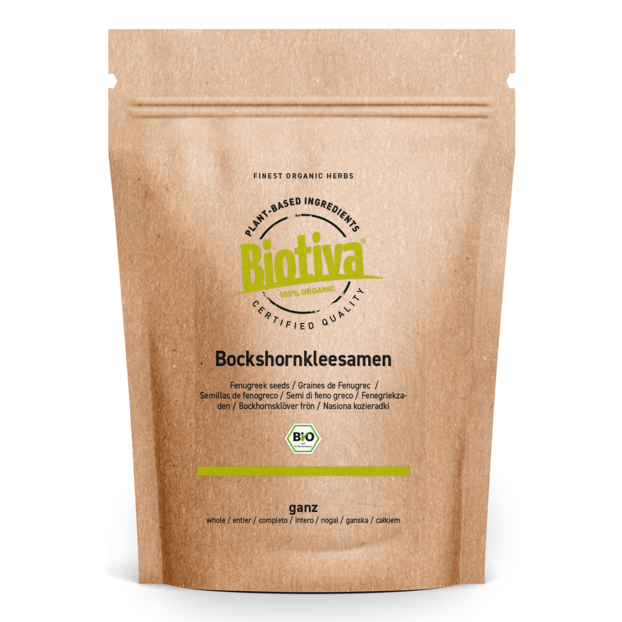 Biotiva Bockshornkleesamen in brauner Papierverpackung. Aufdruck: "Bockshornkleesamen ganz Bio", Logo, Bio-Siegel.