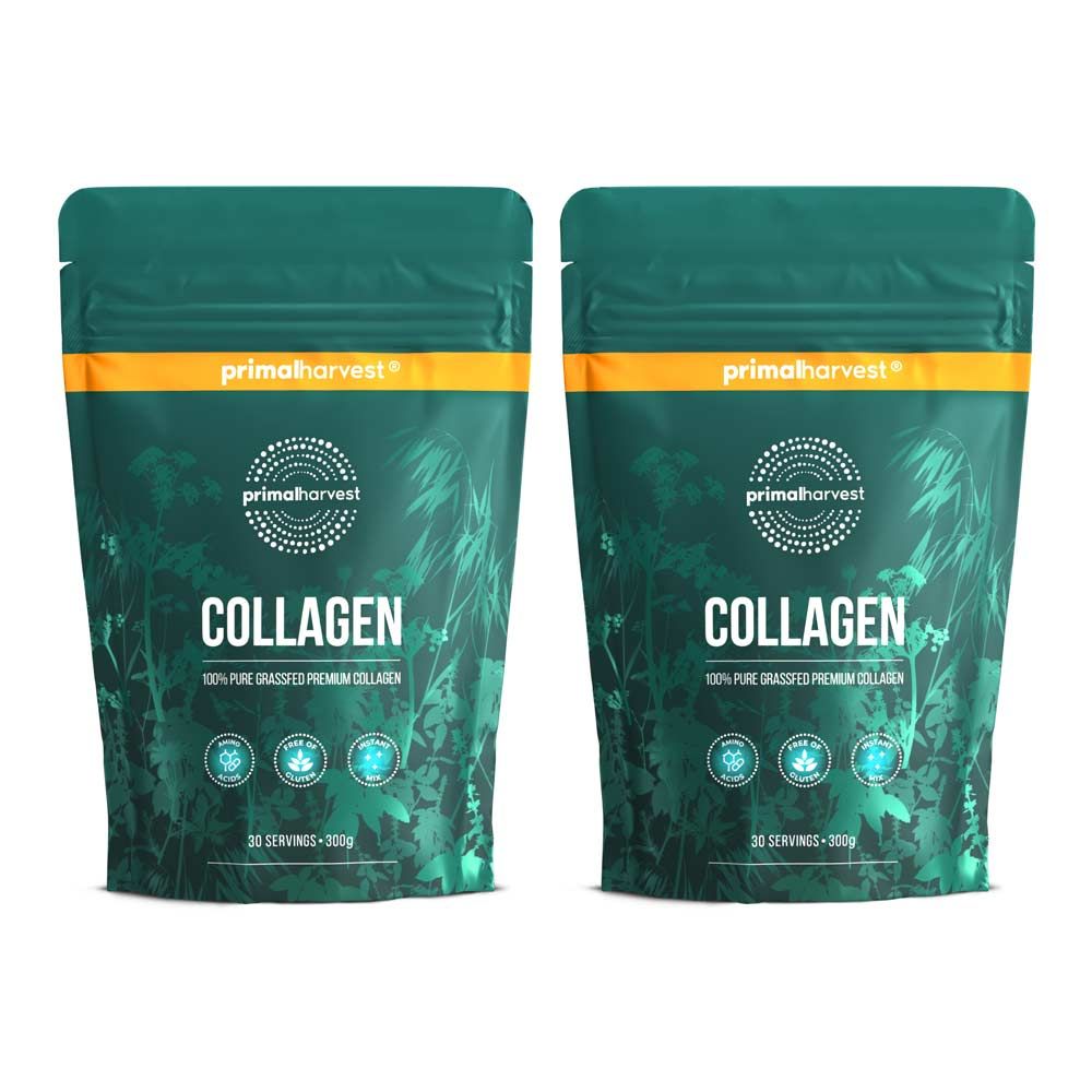 Zwei grüne Beutel Primal Harvest Collagen. Text: Collagen, 100% reines Premium Collagen. 30 Portionen - 300g.